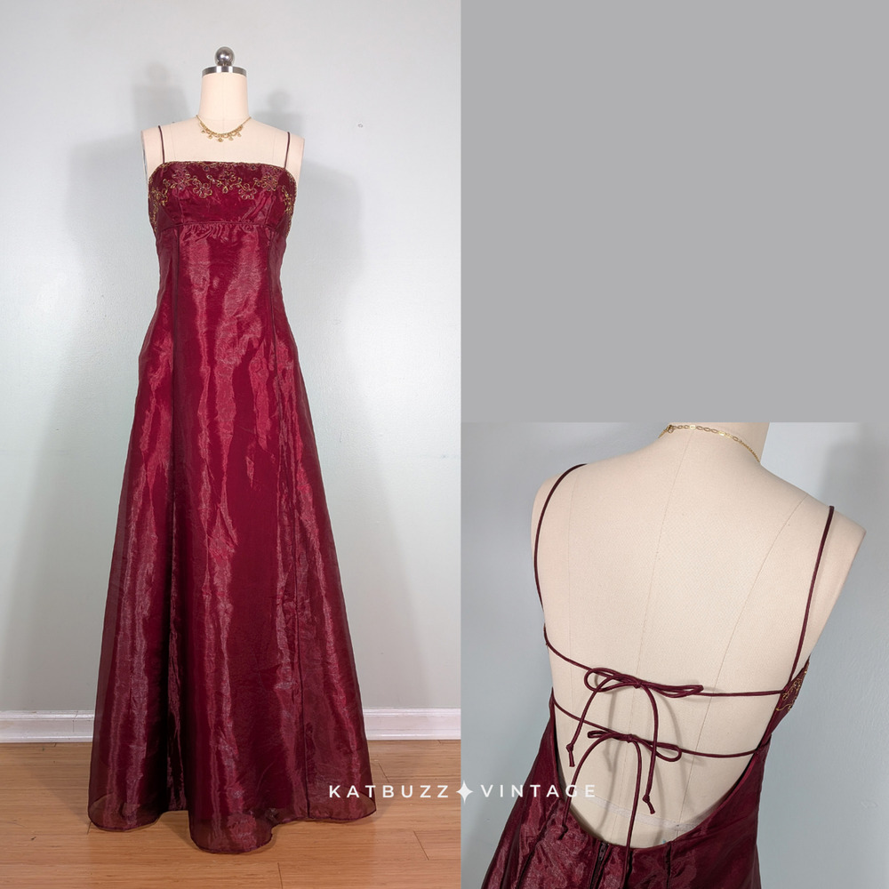 Vintage Prom Dress Maxi Gown L XL Red Fairy Goth Regency Glam Formal Embroidery